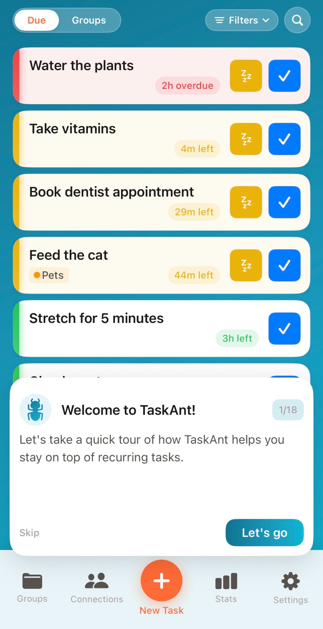 TaskAnt home screen showing due tasks, filters, groups and tutorial overlay